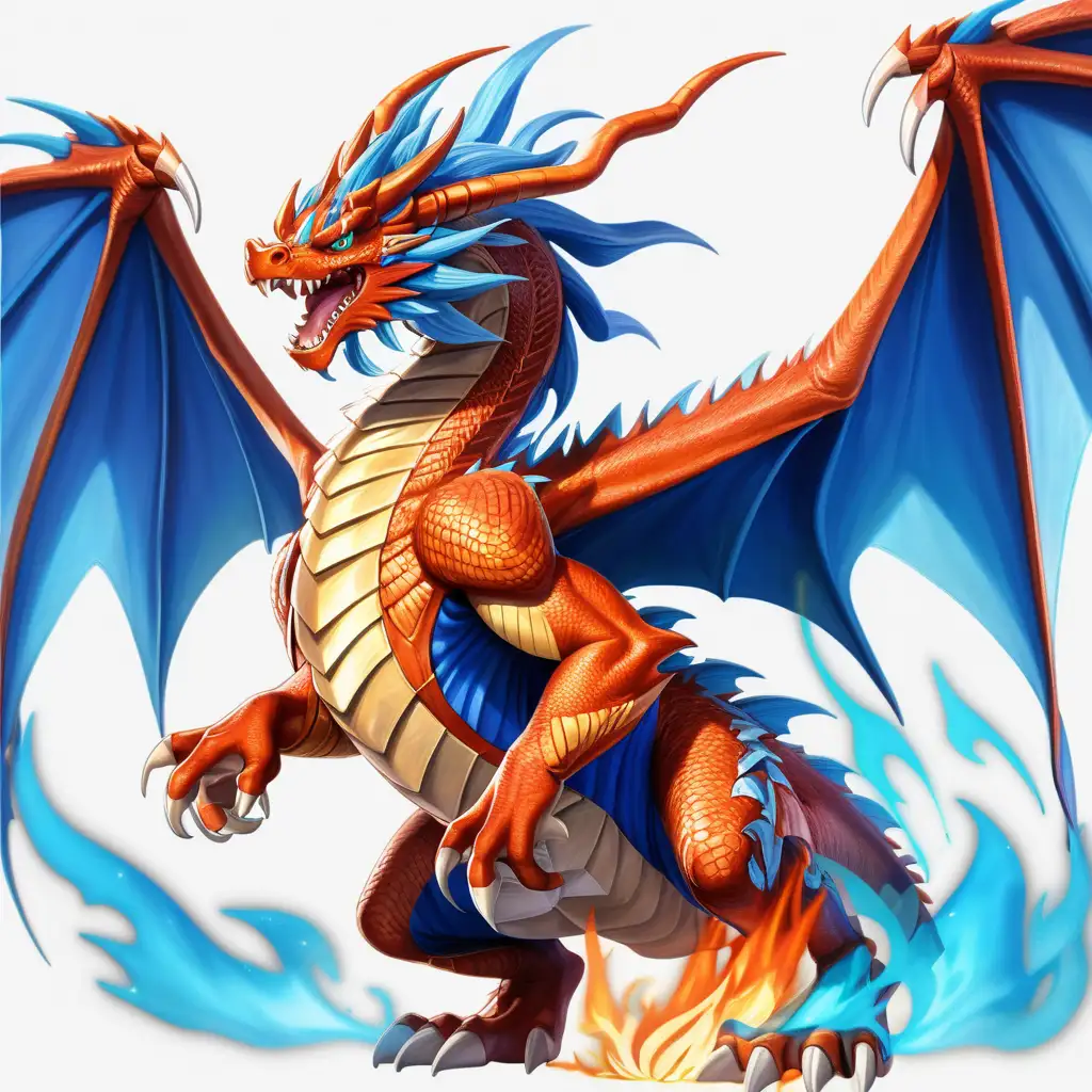 anime fire dragon, dynamic pose, intense, high energy, view from the side, blue theme, cartoonish, giant wings, wings tucked and folded, diving, roaring, powerful