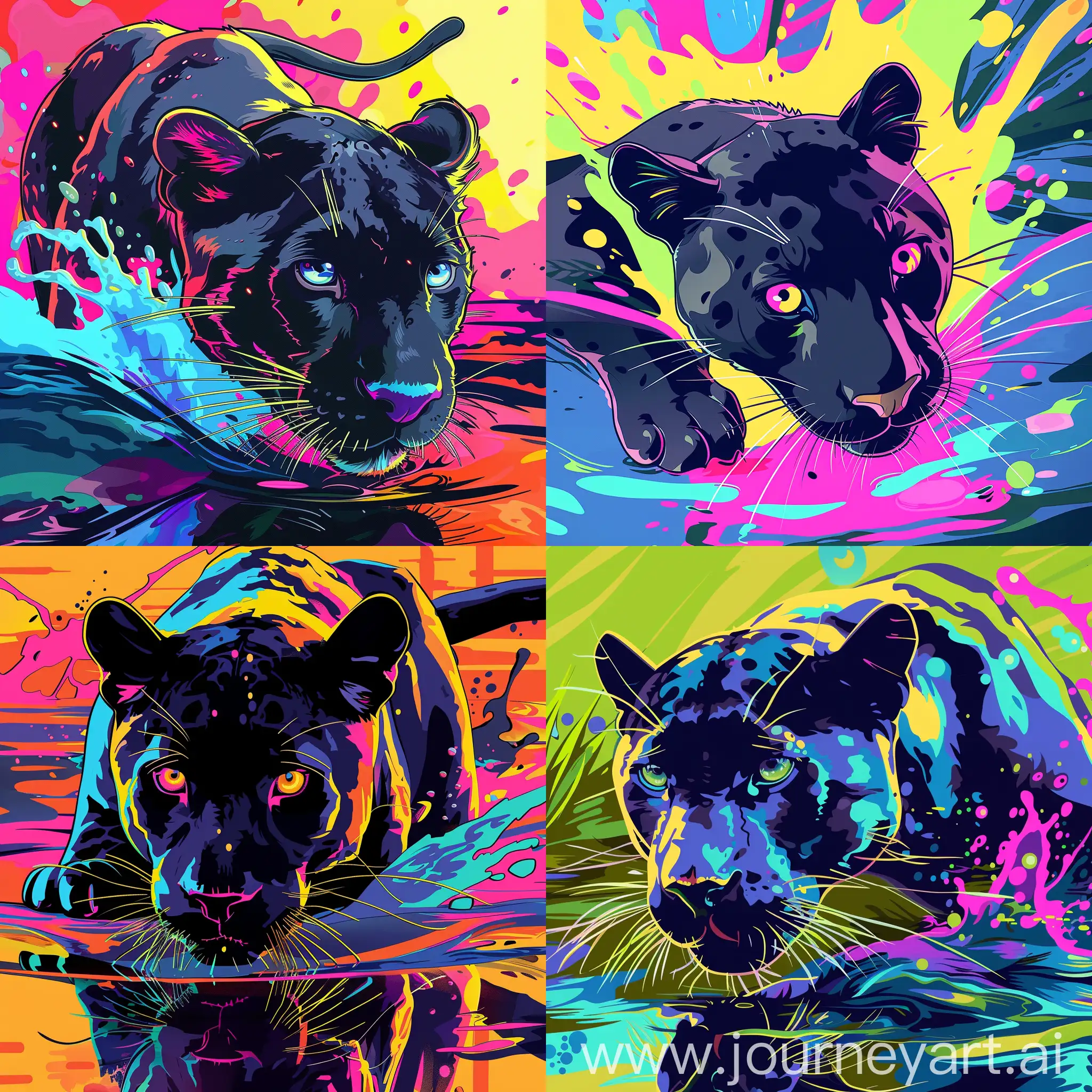 Cartoon illustration of close-up panther prowling in very shallow mirrorlike water, high quality, HD, in flat style, neon colors, bright, splash on the background