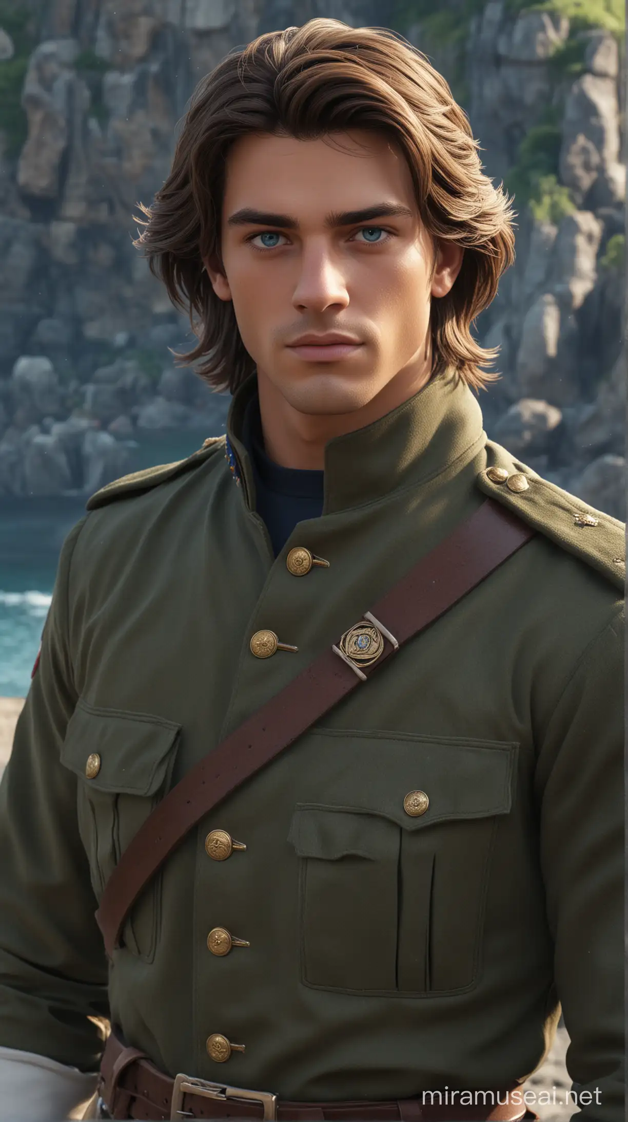 in a sea natural background  military there are  disney prince Adam is France 21-year-old with long brown dark hair and  blue eyes and muscled and camouflage 
military uniform  face beautiful 8k re solution ultra-realistic
