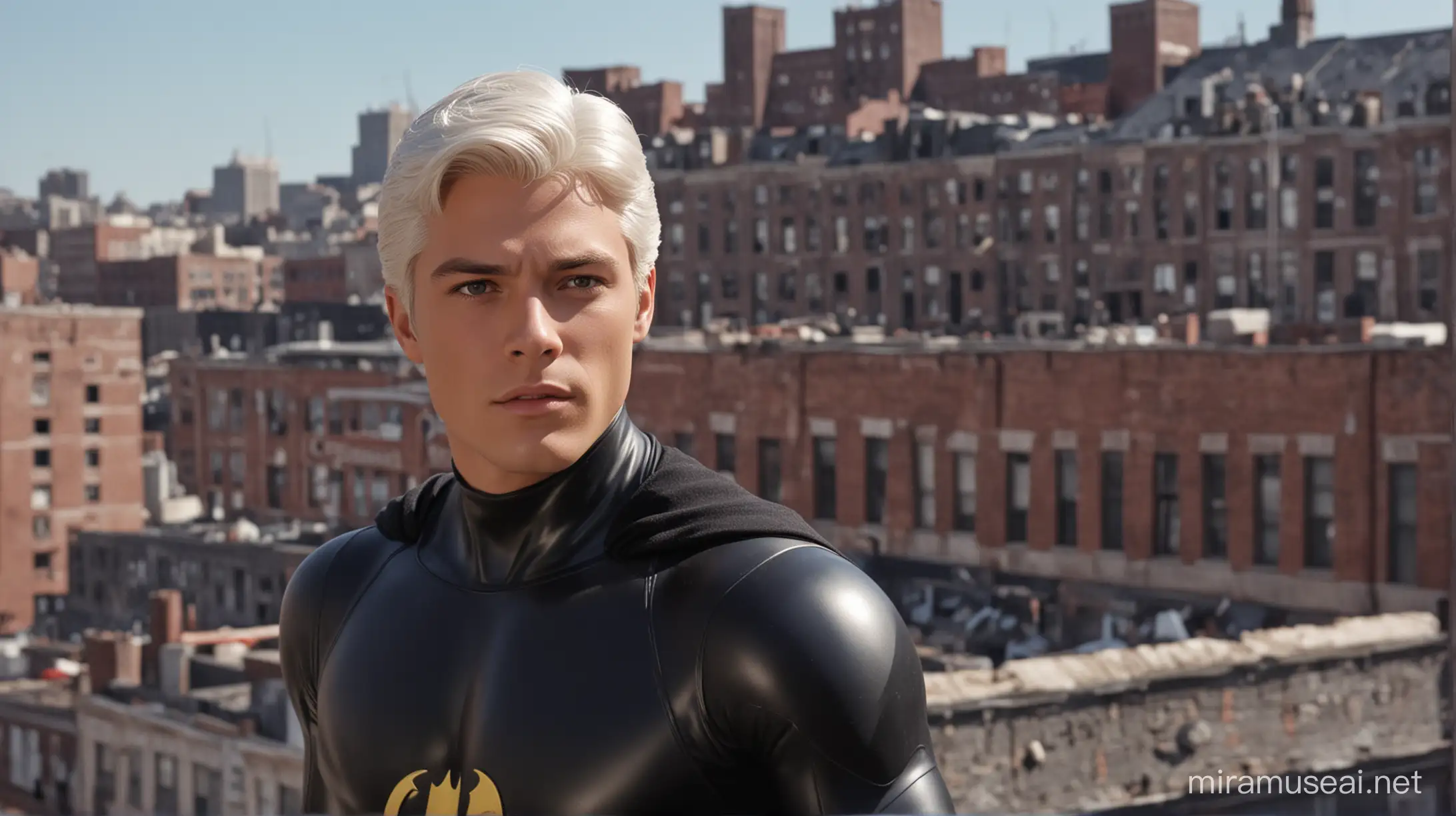 realistic boy,young man 1950,detailed face, white hair ,black suit spandex armor lycra spandex,superhero adamwest,1950,style,background city roof 35mm
