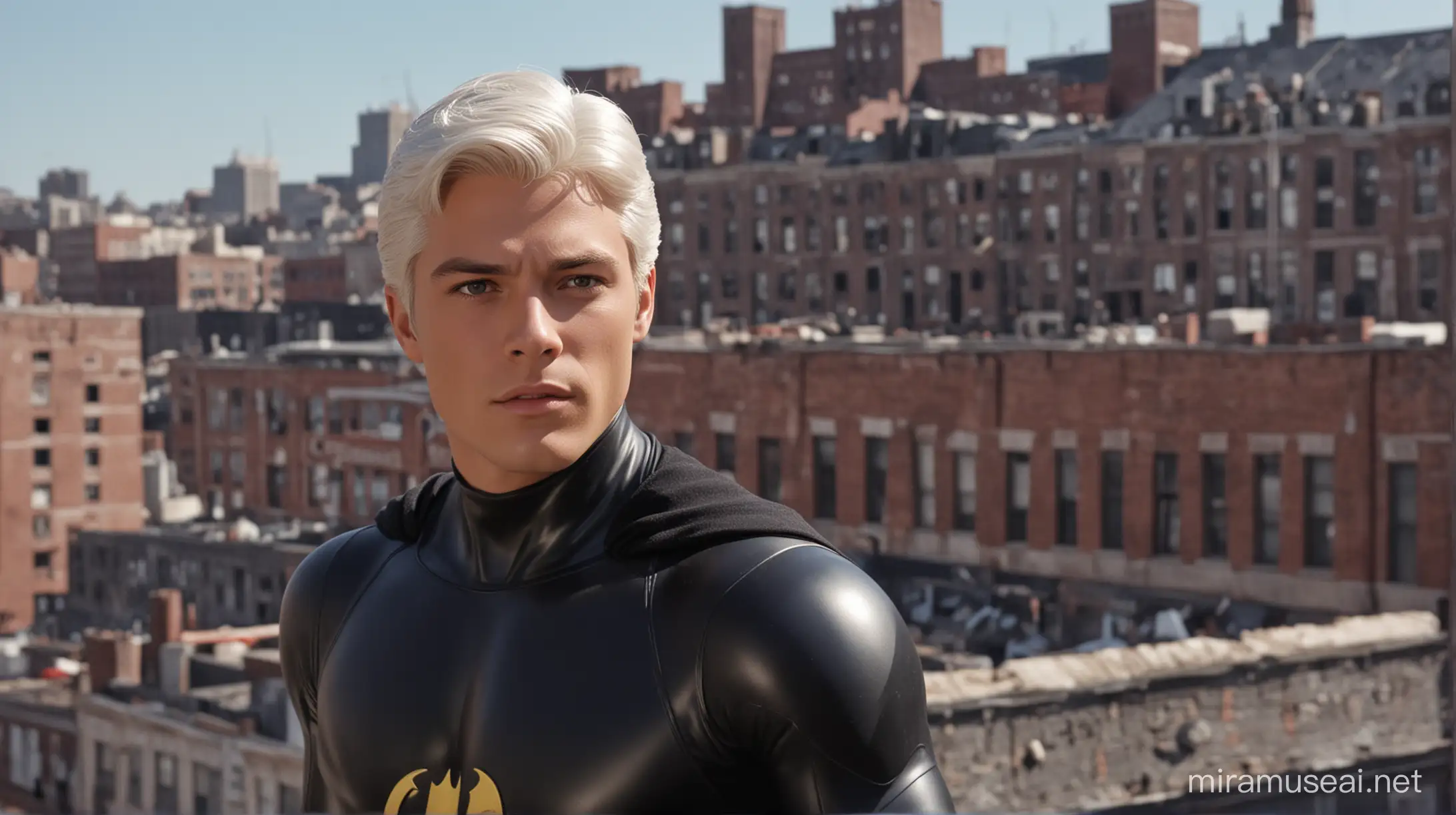 1950s Style Superhero Adam West on City Rooftop