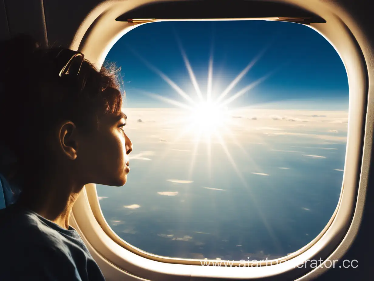 Человек смотрит в окно самолета. За окном солнце и голубое небо.