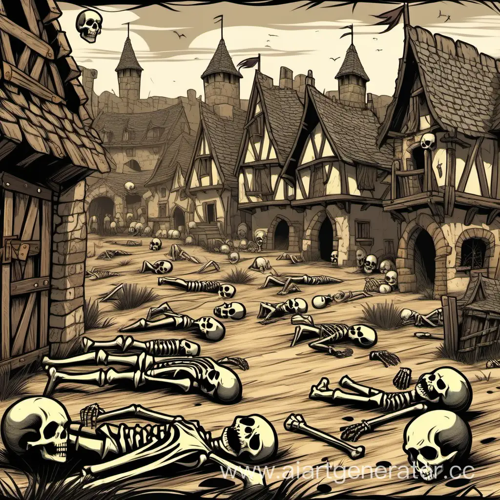 Средневековая деревня на фоне, мёртвые скелеты лежат на земле, 2д 
