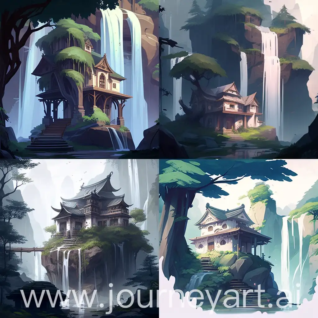 Scene: Misty ancient mountain villa with flying eaves and ancient trees. A waterfall cascades down from a high cliff, resembling white silk hanging in mid-air. 
   Midjourneyprompt: "A mysterious ancient mountain villa shrouded in mist, with a cascading waterfall like white silk. #animestyle #ar16:9 #seed567436545"