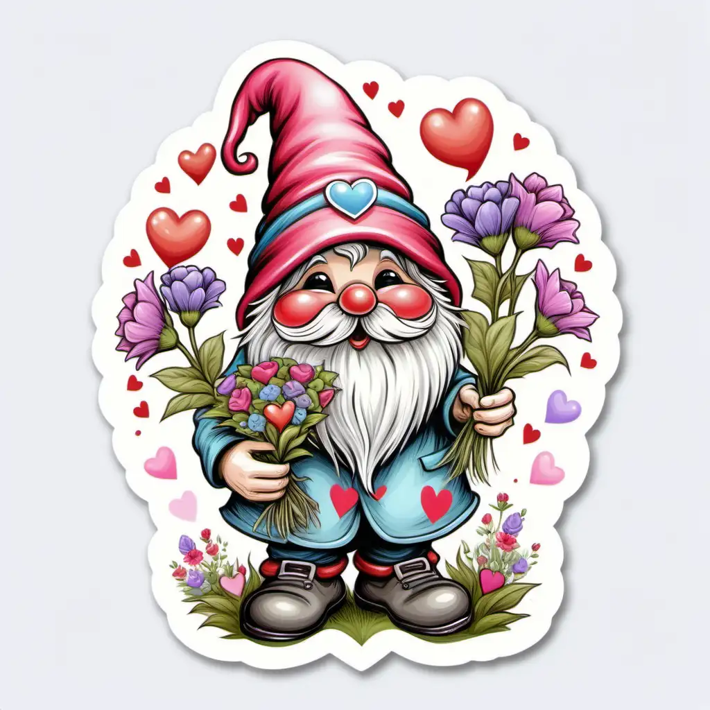 Whimsical Gnome with Flowers and Hearts Illustration, Floral Beard