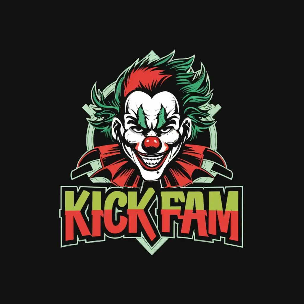 a logo design, with the text 'KICK FAM' in mint green and silver, main symbol:Horror Clown mint green and silver, Moderate, be used in Nonprofit industry, clear background 