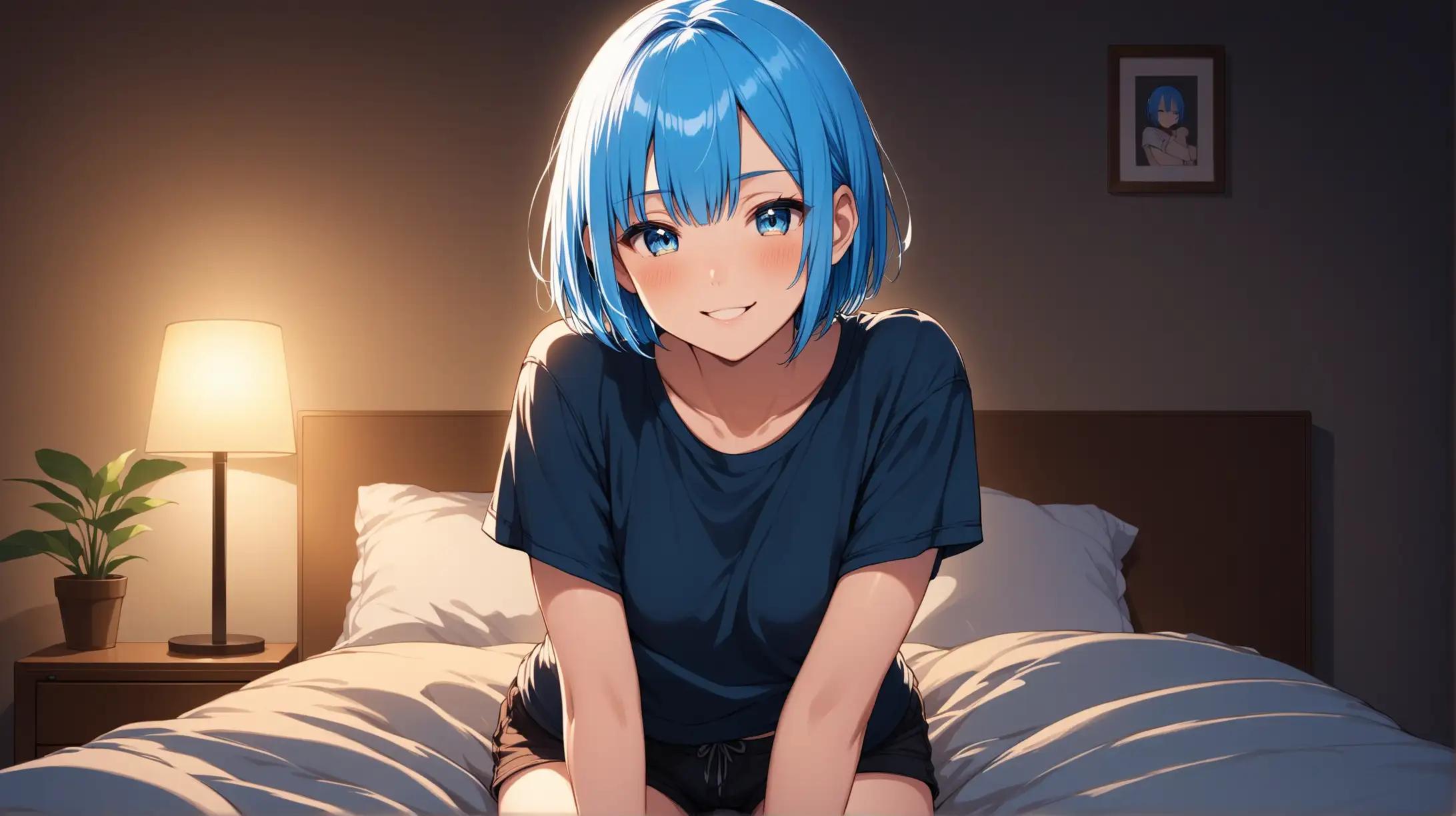Draw the character Rem, high quality, in a relaxed pose, indoors, dimly lit, at night, with a bed in the background, wearing shorts and a shirt, smiling lovingly at the viewer