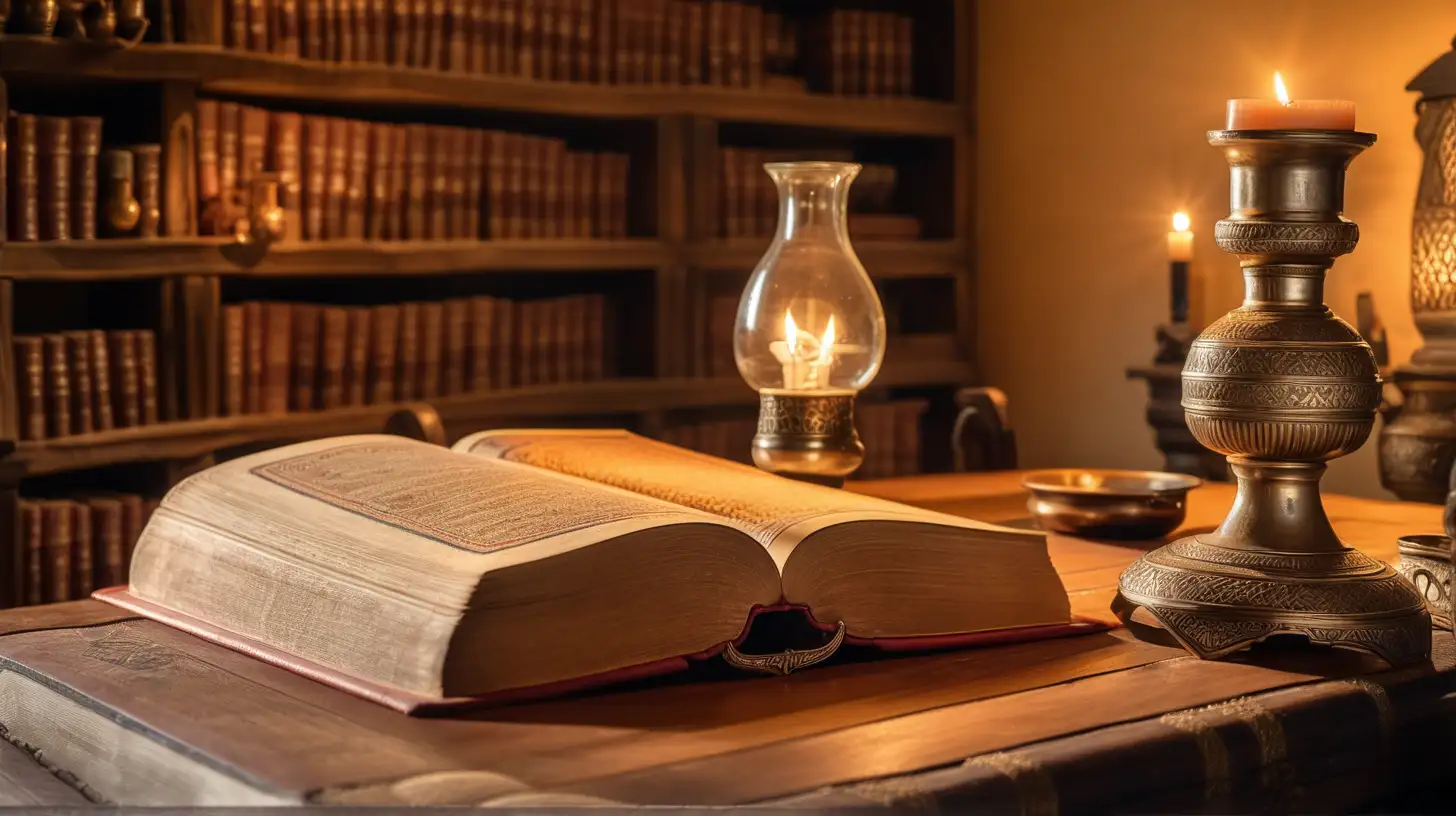 epoque biblique, le pentateuque en très beaux livres reliés posés sur une table en bois, lumière chaleureuse, intérieur d'une maison hébreu antique, dans le salon, lampes à huile
