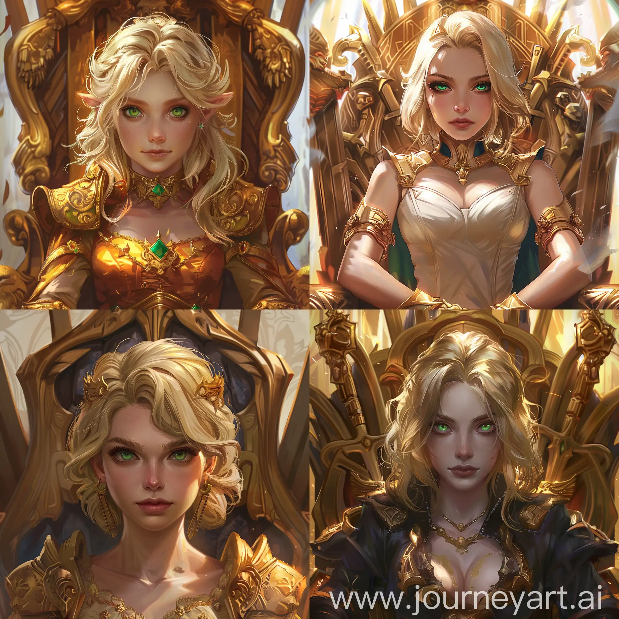 The beautiful and bitchy Empress: a young blonde with green eyes, confidently sits on a majestic throne made of gold. Her gaze is full of power and pride, hinting at her unwavering rule. 