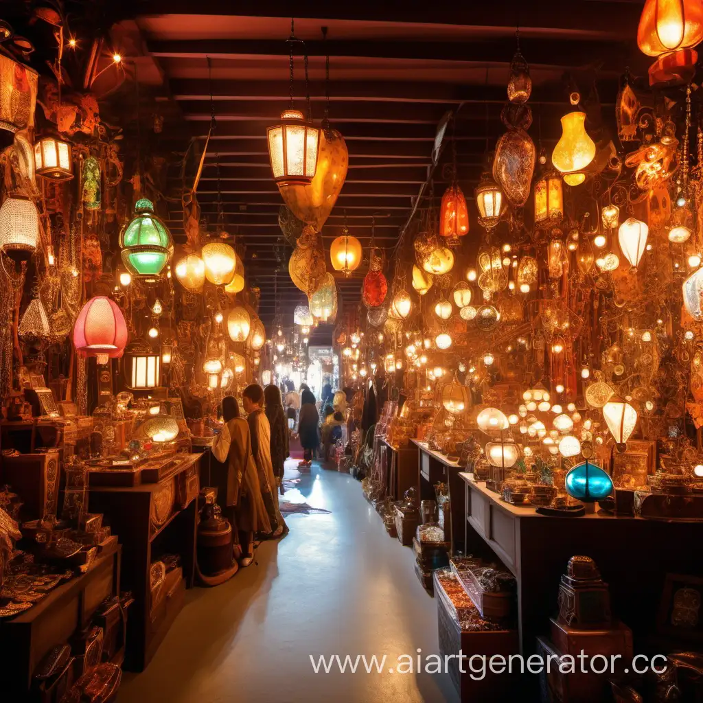 a huge bazaar of magical goods, trinkets, jewelry, warm light, warm color