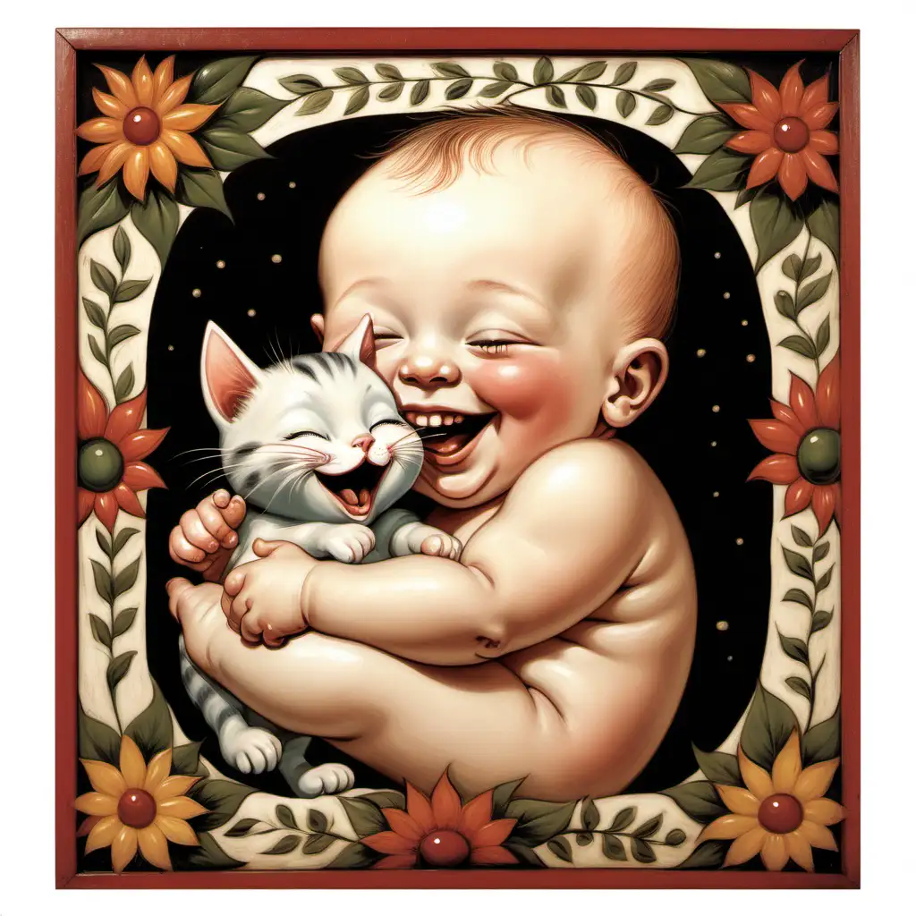 whimsical folk art picture of a laughing baby hugging a kitten