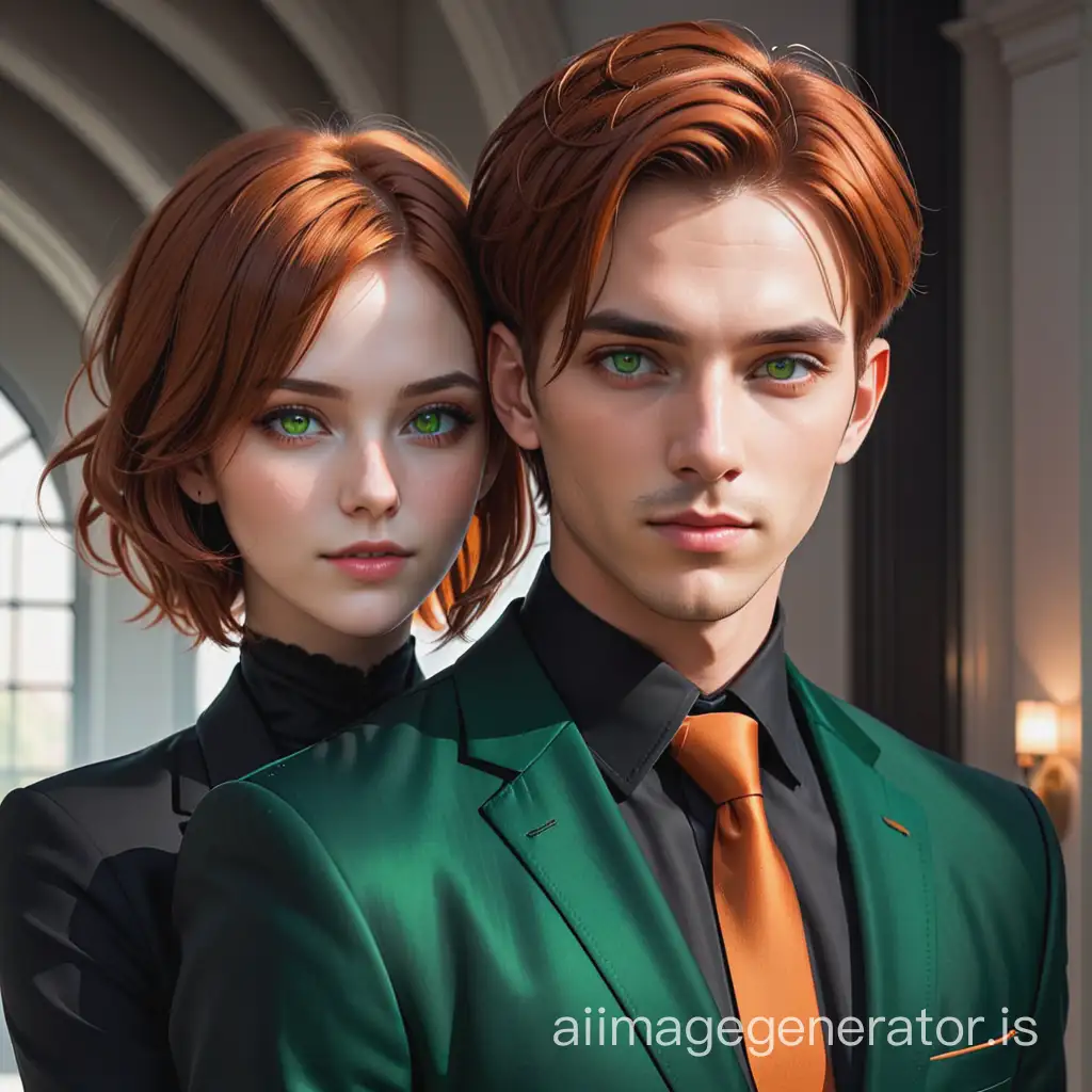 Dark romance, male character with short silver hair, orange eyes in a suit. A woman with shoulder length auburn hair, green eyes and black clothes.