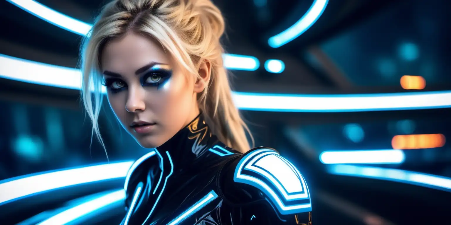 Attractive Nordic Woman in Tron Cosplay on Lightcycle