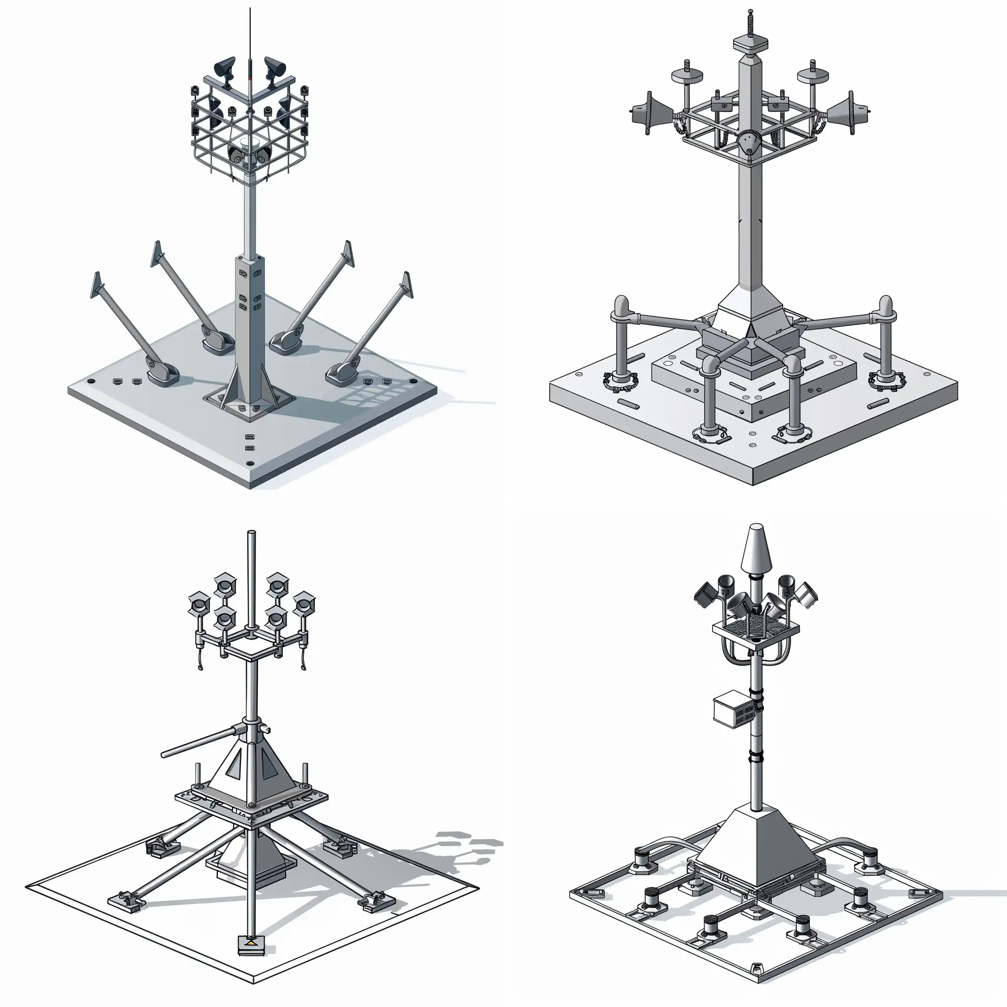 small minimalist Visio Drawing of a simple metallic structure with six metallic arms extended around for ground support with one simple pole structure in the center like a mast with a arrangement of 6 sirens horns on the top of the pole with a triangular body front for hauling attachment tow platform, stencil for Visio, simple minimalist illustration, low detailed, isometric, white background, warning alert, icon type, industrial structure, no futuristic