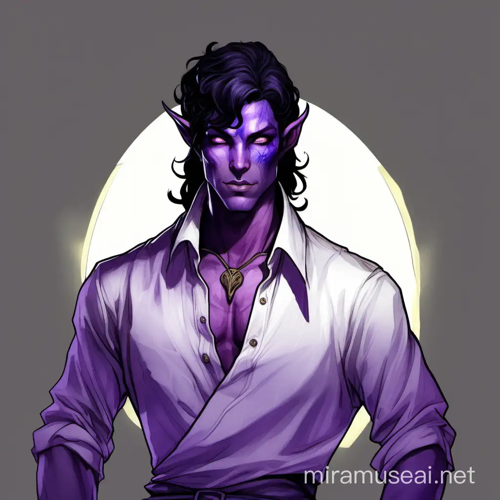 male tiefling with mid length black hair with dark purple highlights and purple blue skin and black eyes with light yellow irises wearing a open white linen shirt