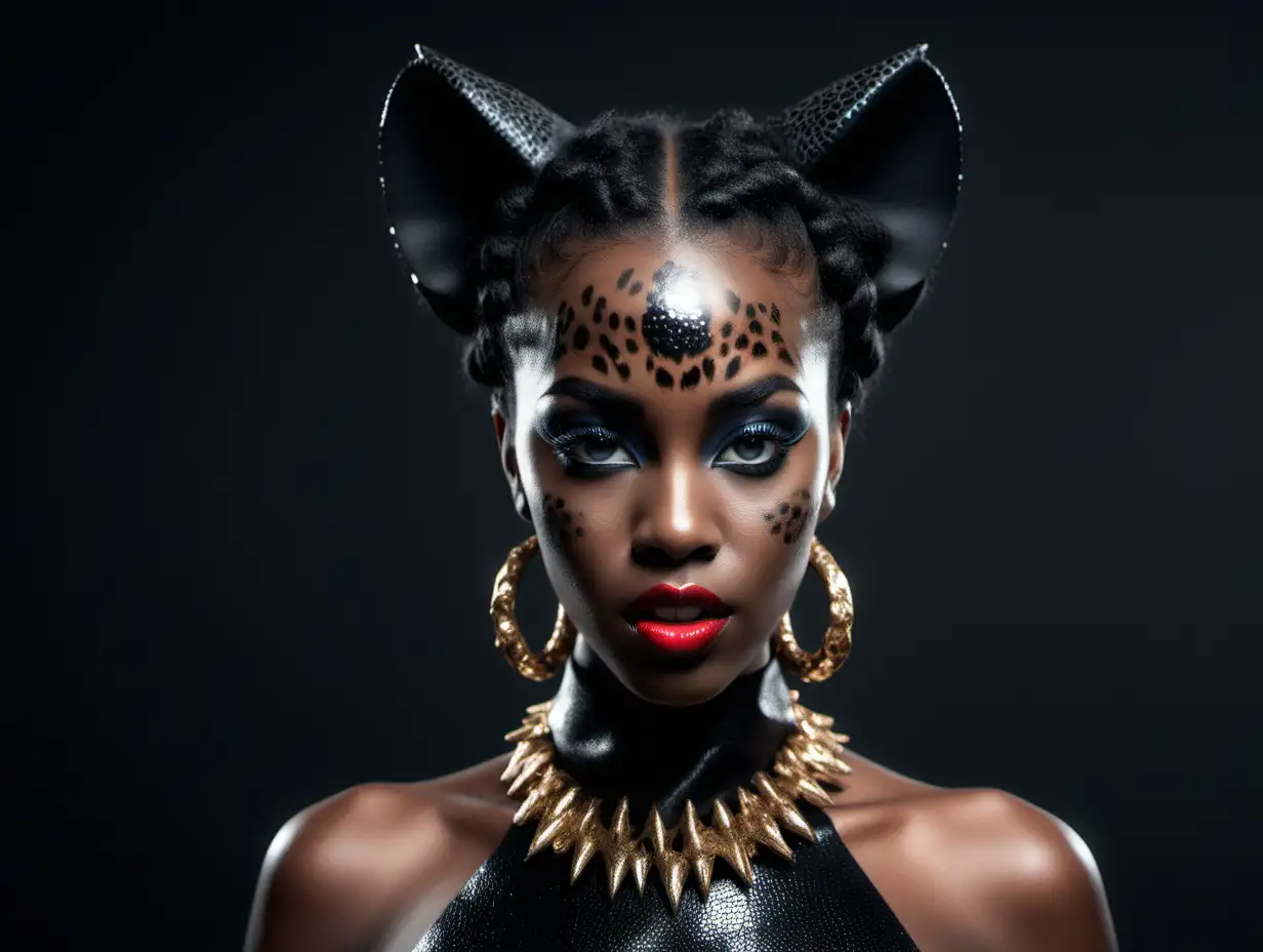 Futuristic Panther Hybrid Fashion Model with Red Lipstick