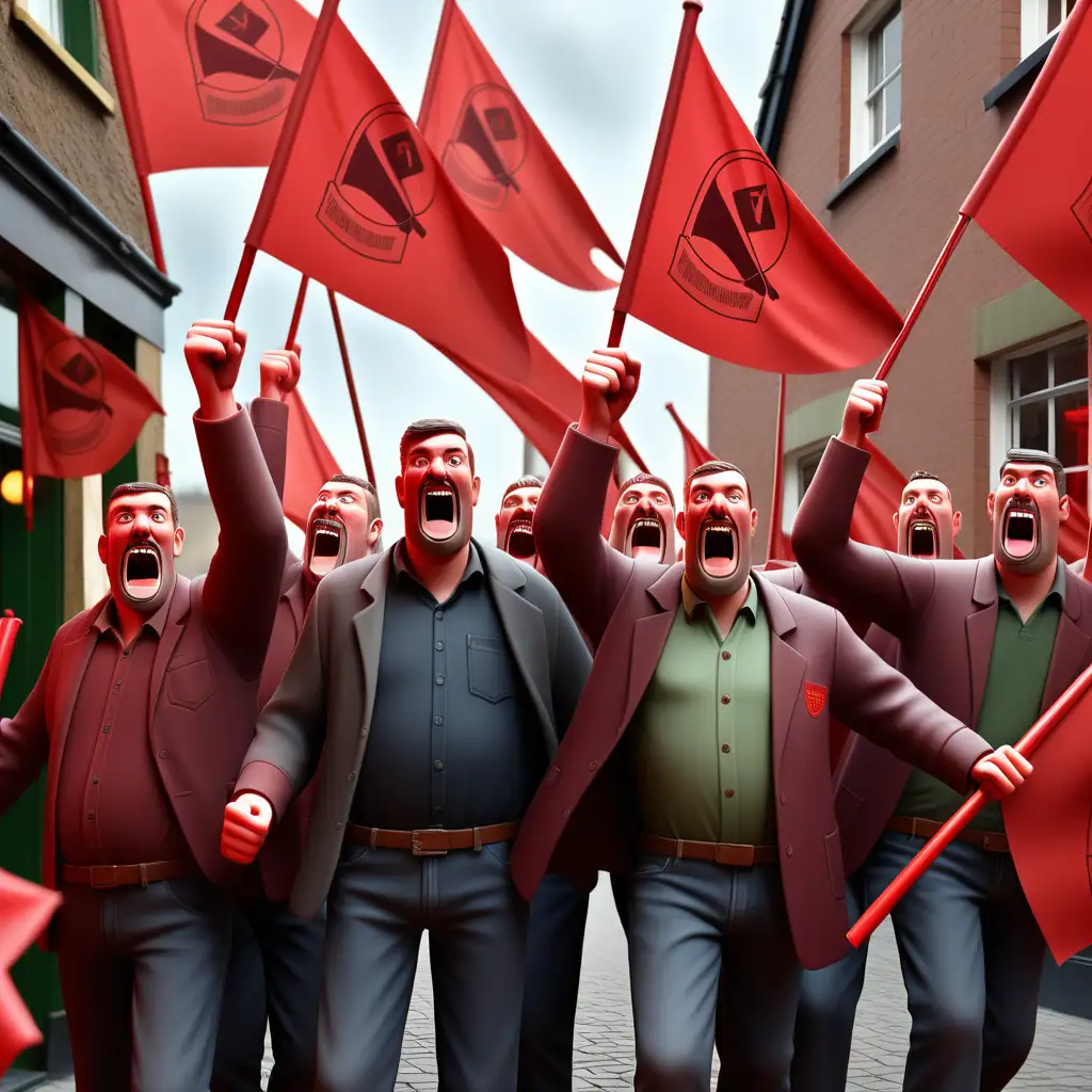 Triumphant Trade Union Members Celebrating Strike Victory with Red Flags in Pub