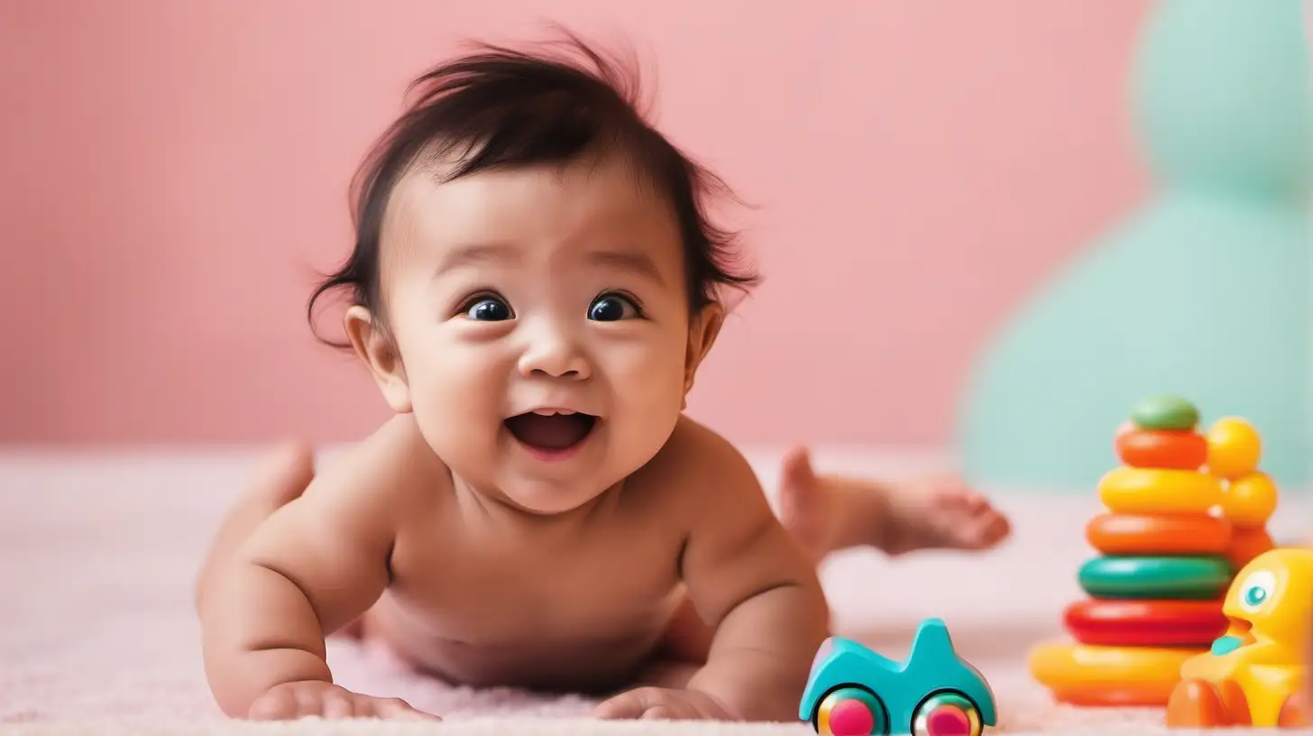A close-up shot of a baby with big, luminous eyes, giggling with delight as they playfully interact with colorful toys against a soft, pastel-colored backdrop.