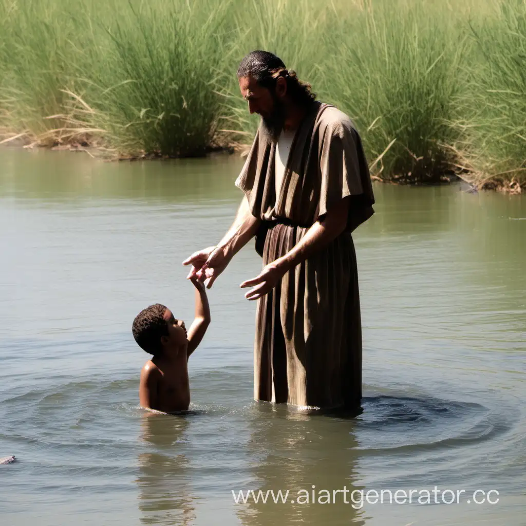 Пророк Иоанн Креститель крестит ребенка в реке Иордан