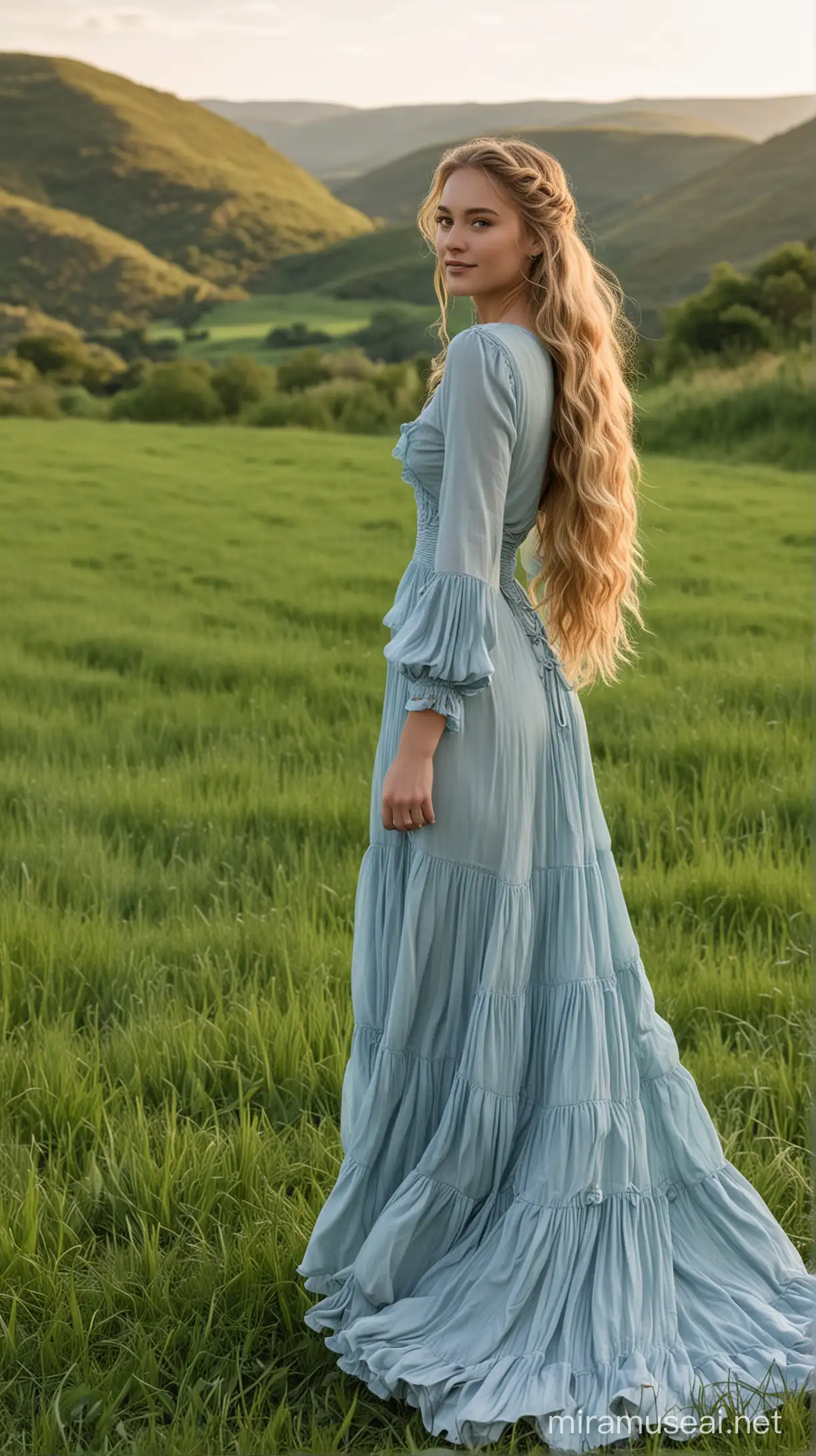 Full body view of a striking young female in early 20s with long voluminous golden hair that is partially braided back, wearing an elegant long-sleeved soft blue flowing ruffled gown, standing in a lush green field with grassy hills in background