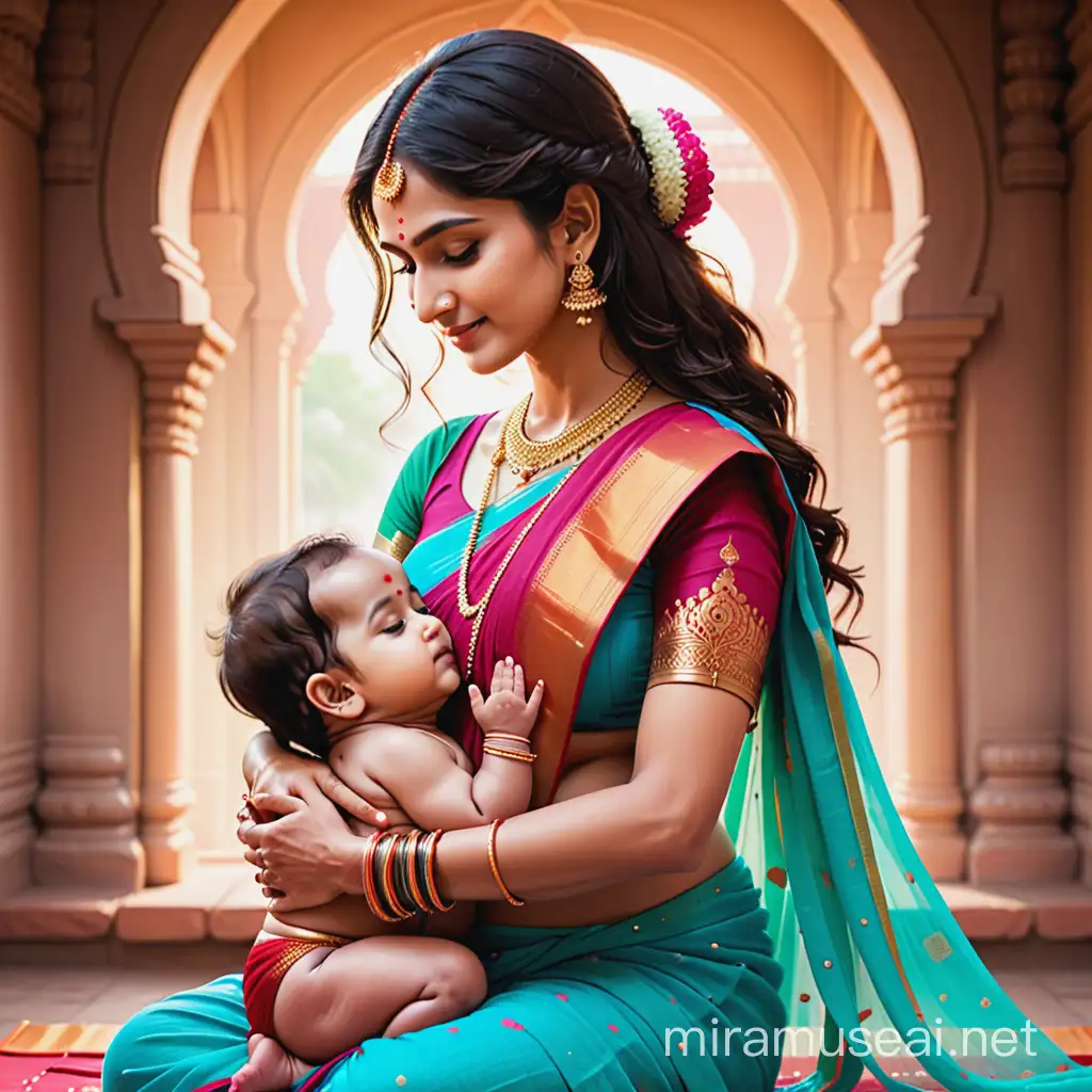 image of load RAMA with U shape tilak and Dhanush in baby avatar seating in the lap of his mother(only one baby), side face of mother, without any background 