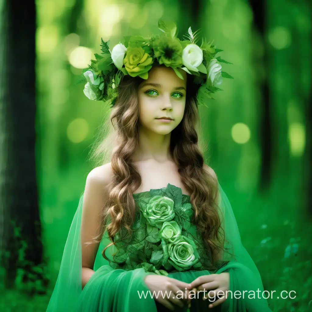 Девочка 14 лет в образе стихии земли, в красивом длинном зелёном платье украшенное цветами, на голове венок, большие зелёные глаза, на фоне лес 