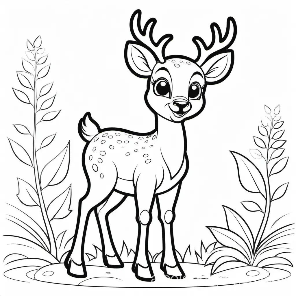 A cartoon illustration in black and white line art, of a deer. The style is cute Disney with soft lines and delicate shading.  Coloring Page, black and white, line art, white background, Simplicity, Ample White Space. The background of the coloring page is plain white to make it easy for young children to color within the lines. The outlines of all the subjects are easy to distinguish, making it simple for kids to color without too much difficulty, Coloring Page, black and white, line art, white background, Simplicity, Ample White Space. The background of the coloring page is plain white to make it easy for young children to color within the lines. The outlines of all the subjects are easy to distinguish, making it simple for kids to color without too much difficulty