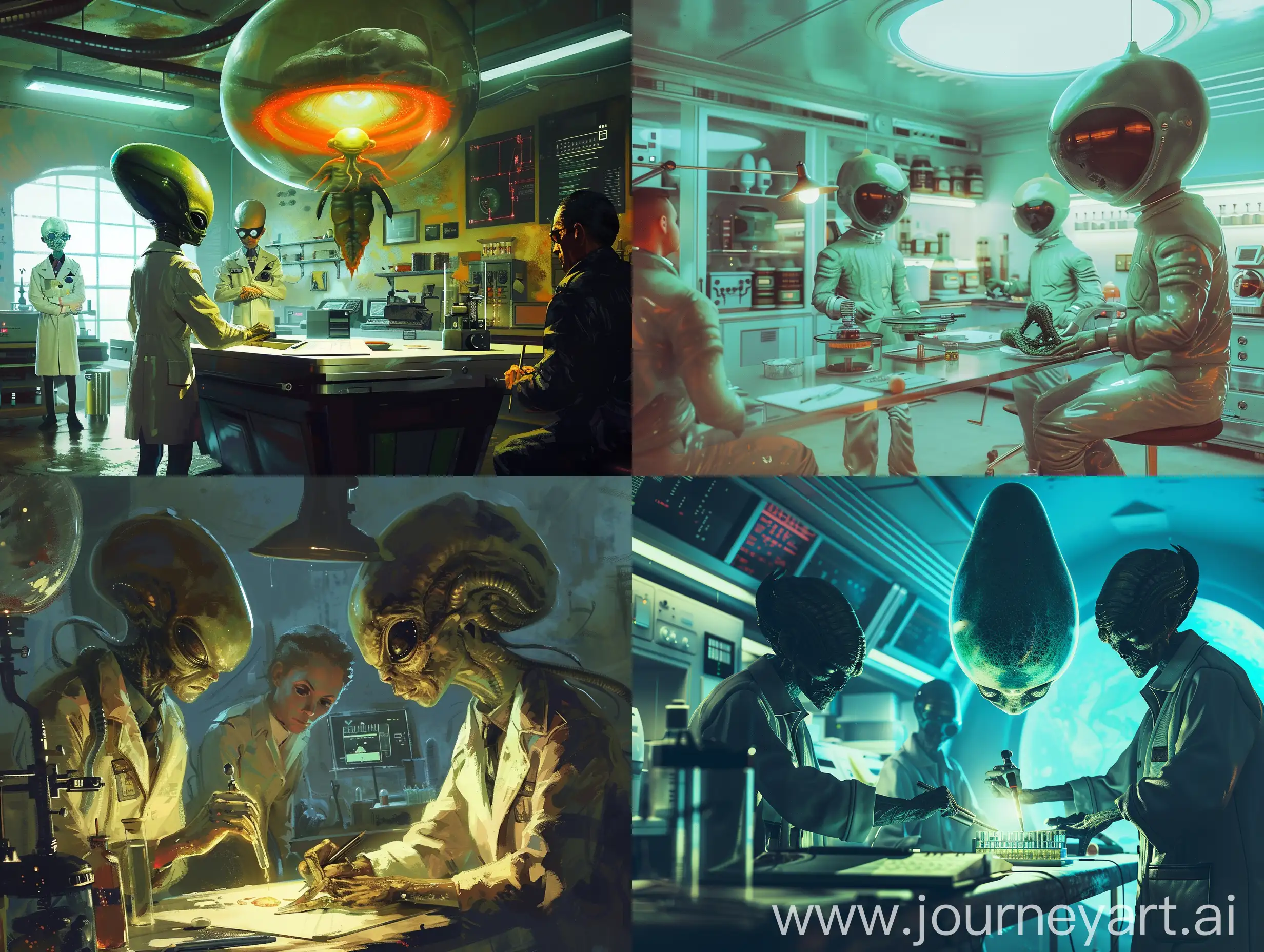  Scientists studying an alien life form in a secret laboratory, retro-futurism, weird. 