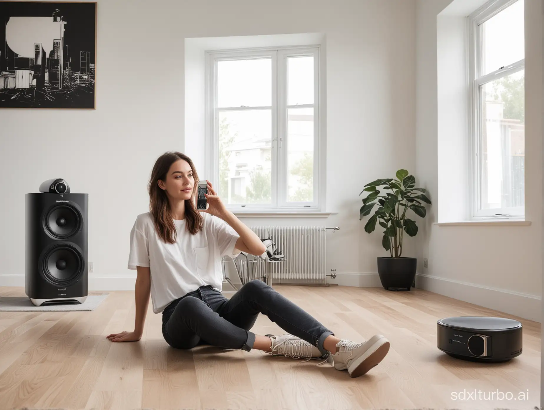 A girl is sitting on the floor at home taking a selfie. In the background are Bowers & Wilkins 802 d3 Speaker, McIntosh amplifier, white walls and white windows.
