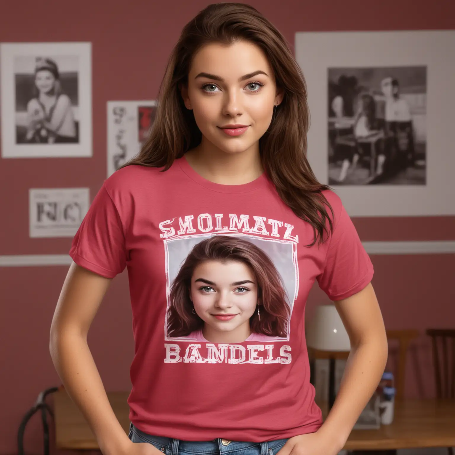 a mockup for a heather cardinal color tee.  the model should be female and should resemble samantha baker from 16 candles.  the background of the photo should look like a highschool
