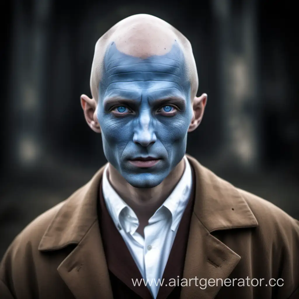 man Thin, blue skin, blue eyes, white shirt and a brown coat with no hair on his head mediaeval