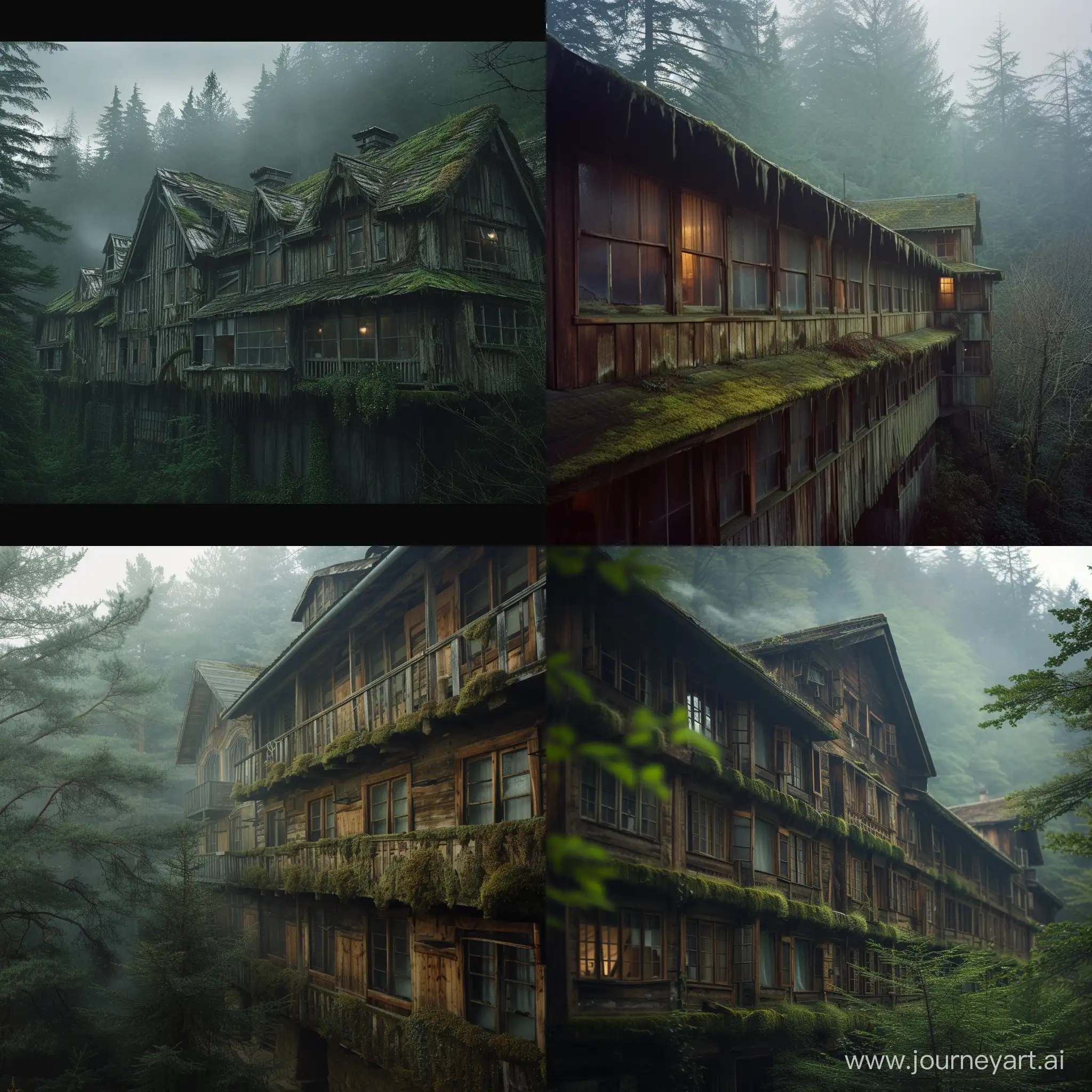  eerie old hotel located in the middle of the woods? The hotel should have a weathered wooden exterior, covered in moss, with foggy windows that evoke a sense of abandonment. The surrounding forest should add an extra layer of mystery to the scene