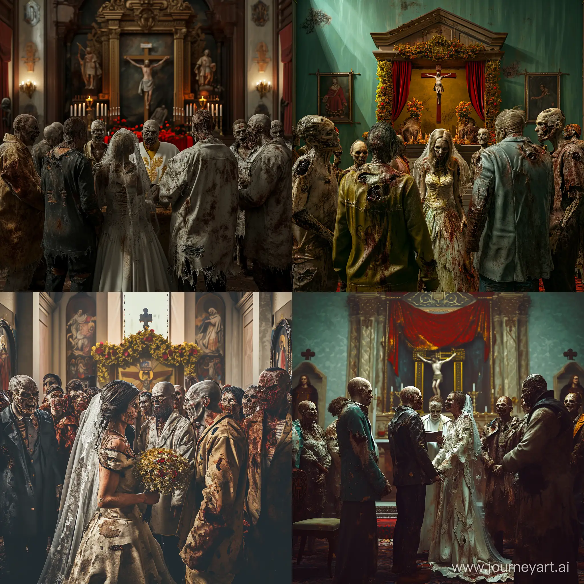 A zombie Wedding, Wedding ceremony in front of an unholy altar, bride, groom, priest, guests    ,all person are Zombies,ripped dirty clothes,photorealism, masterpiece, ultrarealistic , perfect composition, beautiful detailed intricate insanely detailed octane render trending on artstation, 8 k artistic photography, photorealistic concept art, soft natural volumetric cinematic perfect light, chiaroscuro, award - winning photograph, masterpiece, oil on canvas, raphael, caravaggio, greg rutkowski, beeple, beksinski, giger--s750--ar3.2