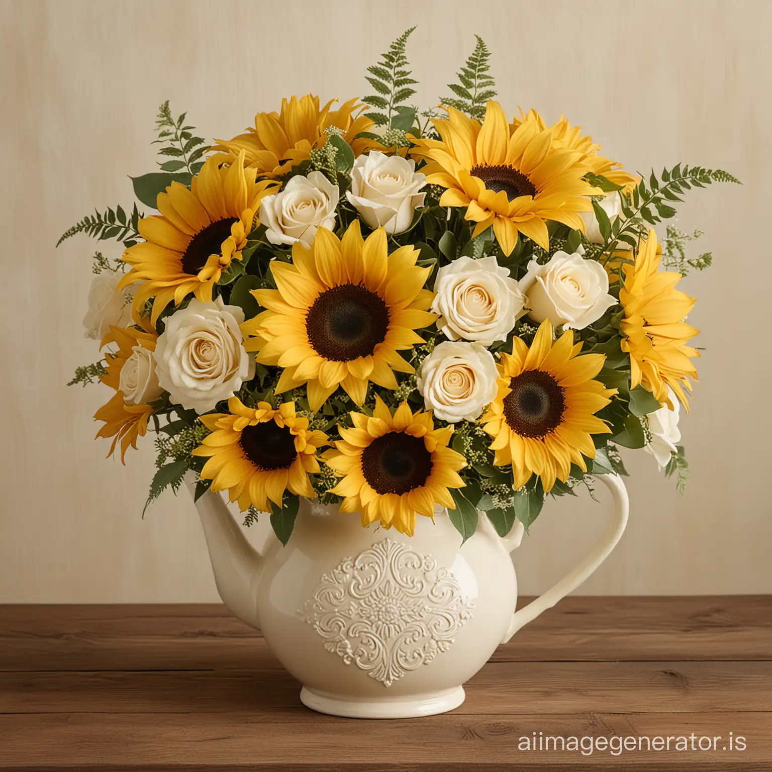 Vintage-Romance-Floral-Arrangement-Sunflowers-and-Ivory-Roses-in-Antique-Pitcher