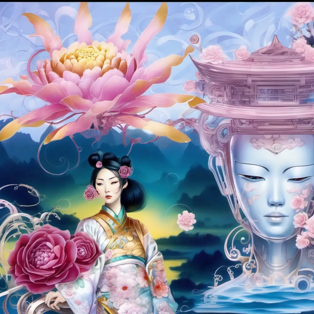Mechanical asian woman, fantasy dream,  mechanical face, roses, mechanical chrysanthemums 