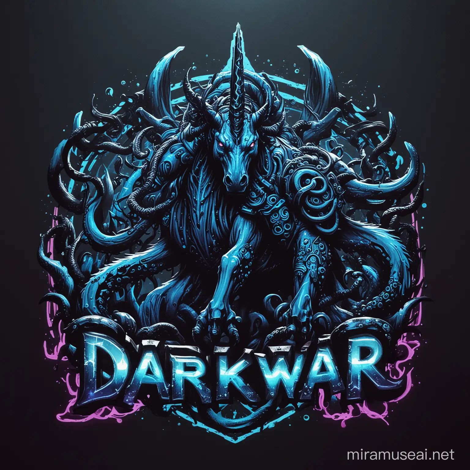 Dark war unicorn logo with neon blue collors battleling giant octopuss

