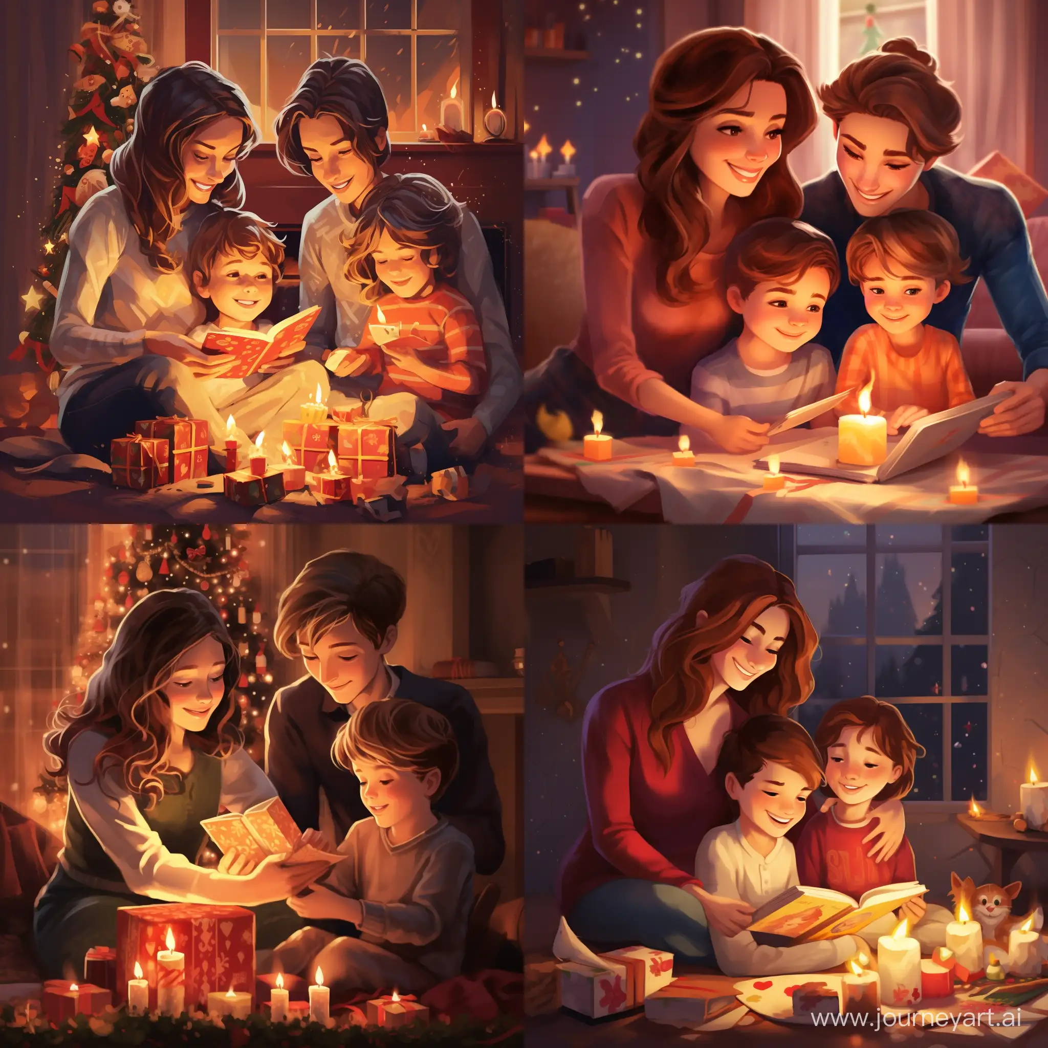 С Рождеством, веселые мама, девочка, и мальчик, открывают подарки, яркая и праздничная атмосфера, высококачественный, мультипликационный стиль, теплые тона, мягкое освещение, уютный камин, подробные выражения, праздничное волнение, волшебная атмосфера, радостное празднование
