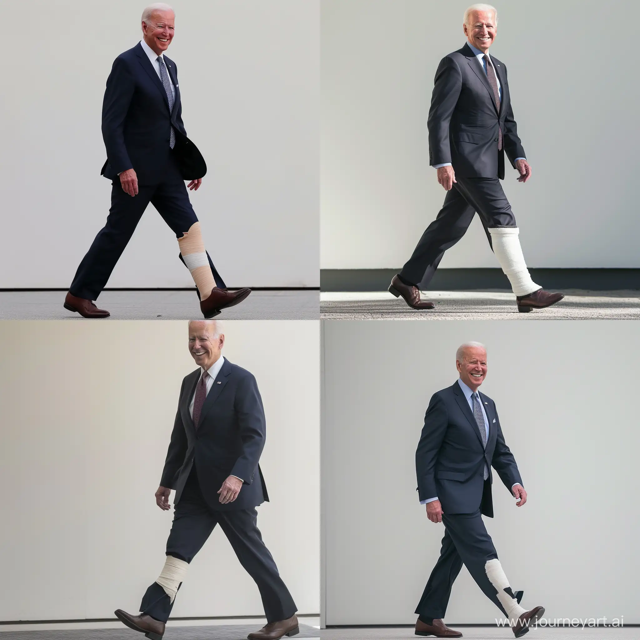Joe-Biden-Smiling-While-Walking-with-Leg-Cast-in-Suit-and-Tie