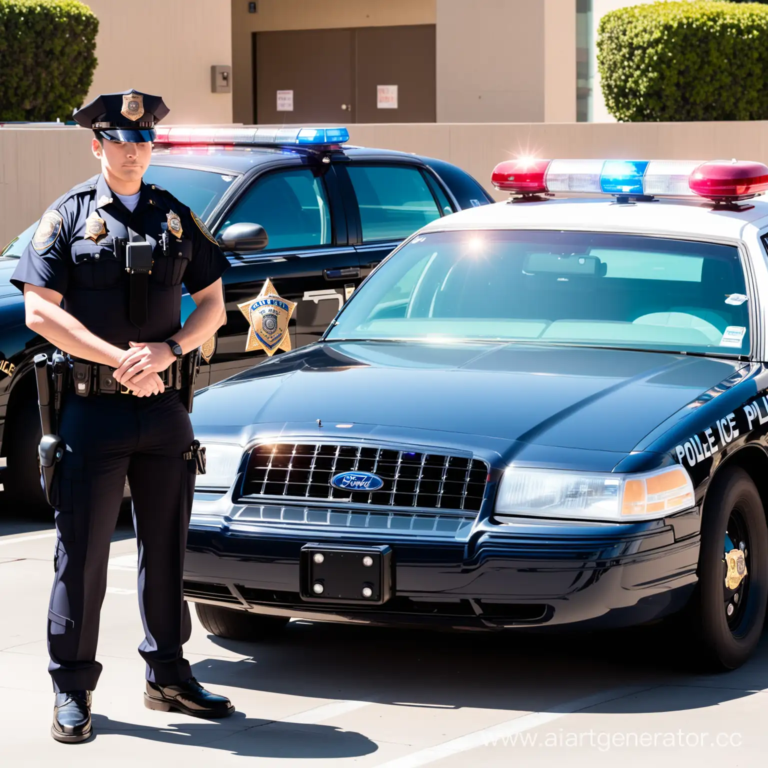 LAPD-Officer-Standing-by-Ford-Crown-Victoria-Police-Car-in-Los-Angeles