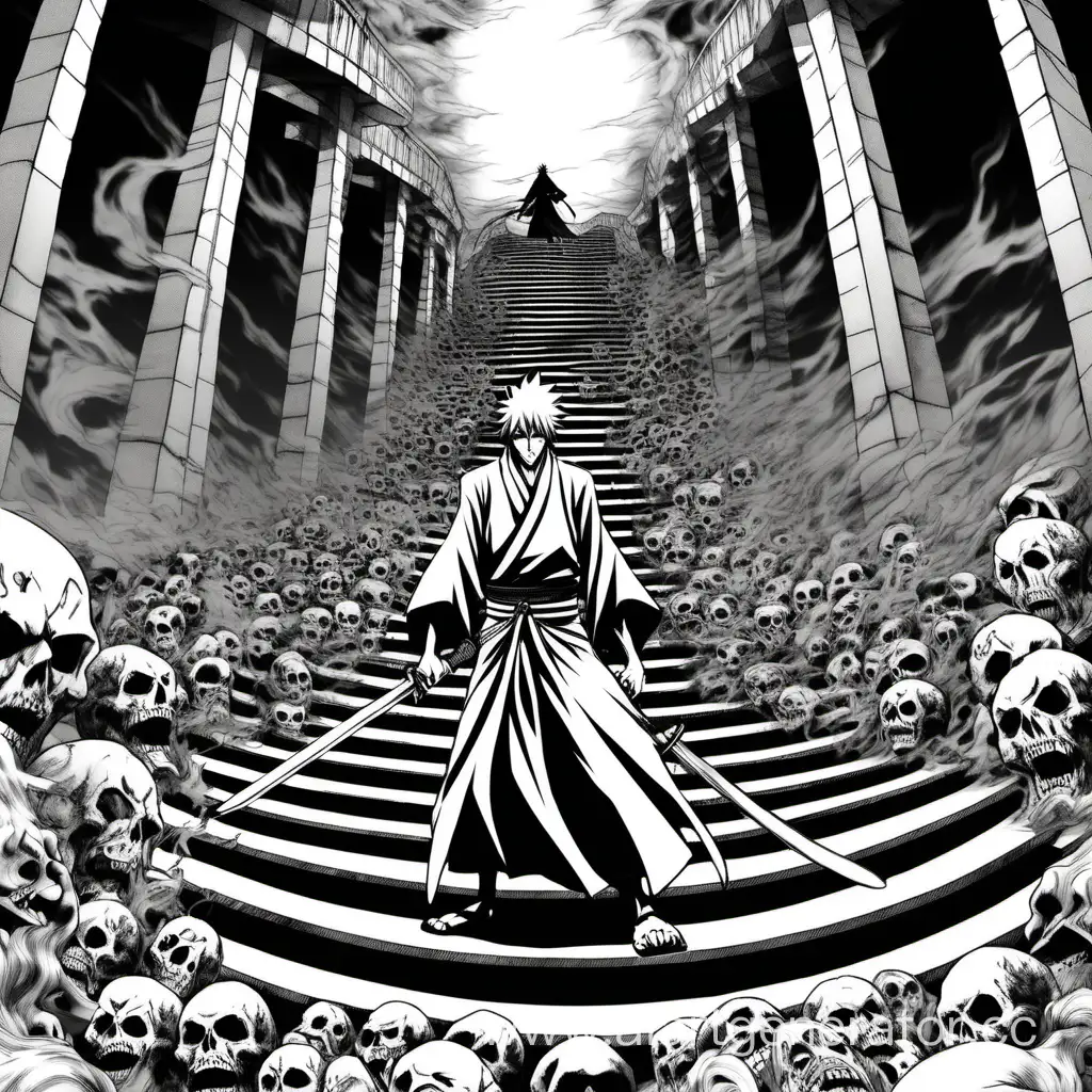 Bleach-Ichigo-Kurosaki-Descends-Spiral-Staircase-into-Hell-with-Sword-in-Manga-Art