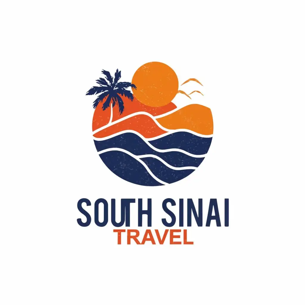 a logo design,with the text "A conceptual and abstract logo design for "South Sinai Travel" featuring a blend of orange and blue colors. The logo symbolizes the essence of the region by incorporating an abstract representation of the sea, sun, and palm trees. The letters are intertwined in a geometric pattern, creating a dynamic and eye-catching shape. The overall design embodies the spirit of nature and the vibrant energy of South Sinai. The logo sits proudly against a clean and simple white background., conceptual art", main symbol:Letter "South Sinai Travel",Moderate,clear background