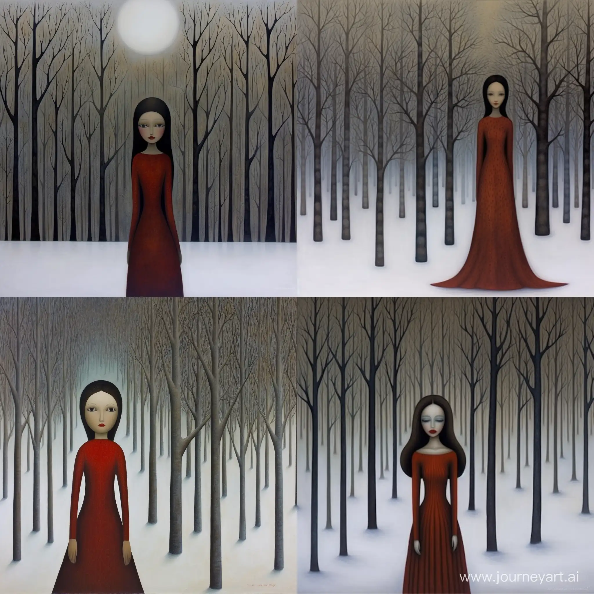 Elegant-Brunette-Woman-in-Red-Dress-Amidst-Snowy-Extraterrestrial-Landscape