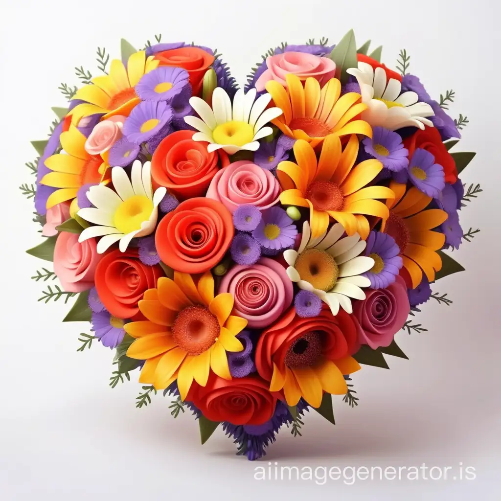 A bouquet of bright and beautiful flowers in the shape of a heart, on a white background