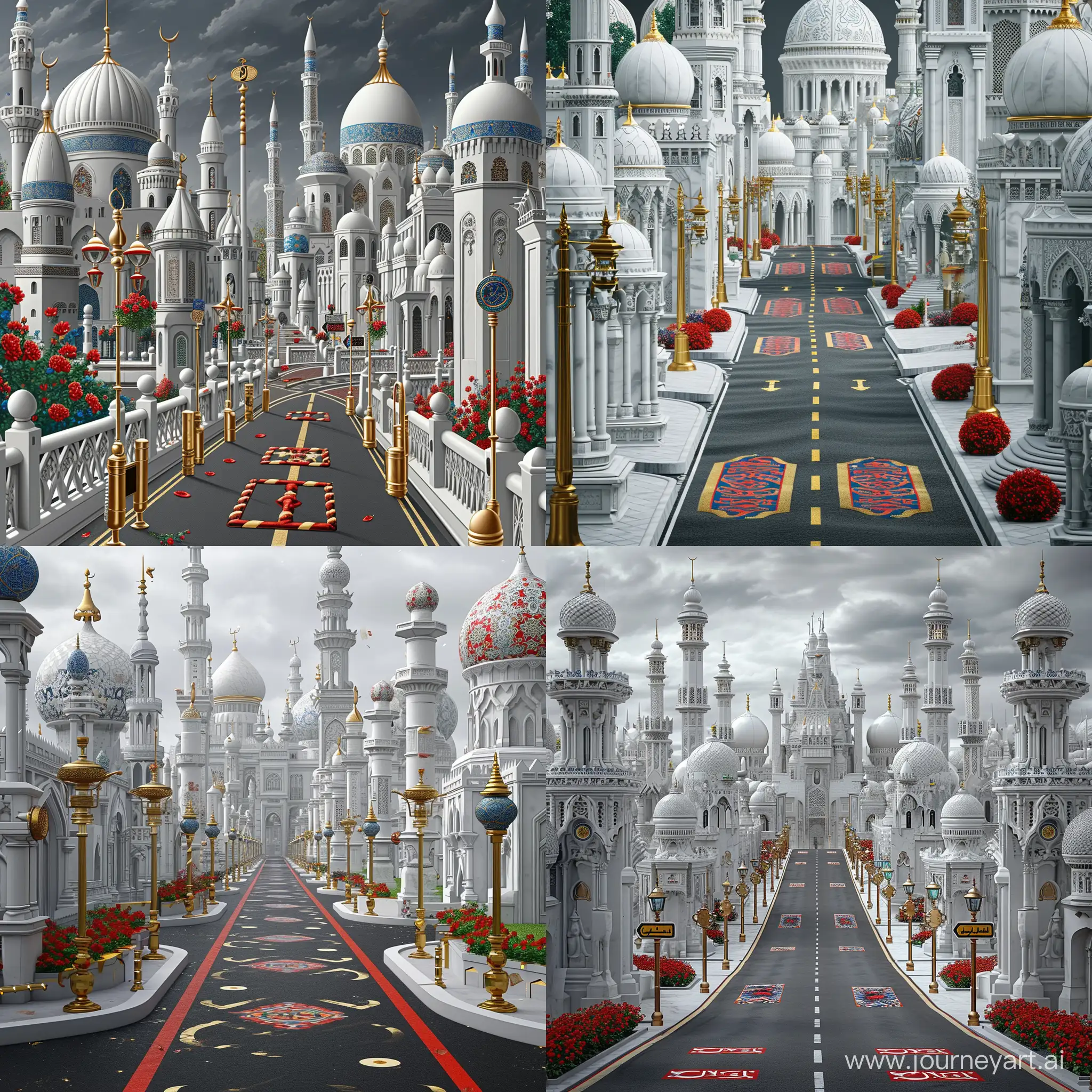 a road of medieval islamic city, full of many white marbled Islamic architectures and mosques, having red blue arabesque and persian tile floral motifs, London road markings, golden bollarded sidewalks, islamic ornamented street lights, London traffic signs, red green flowers, dark grey weather --v 6