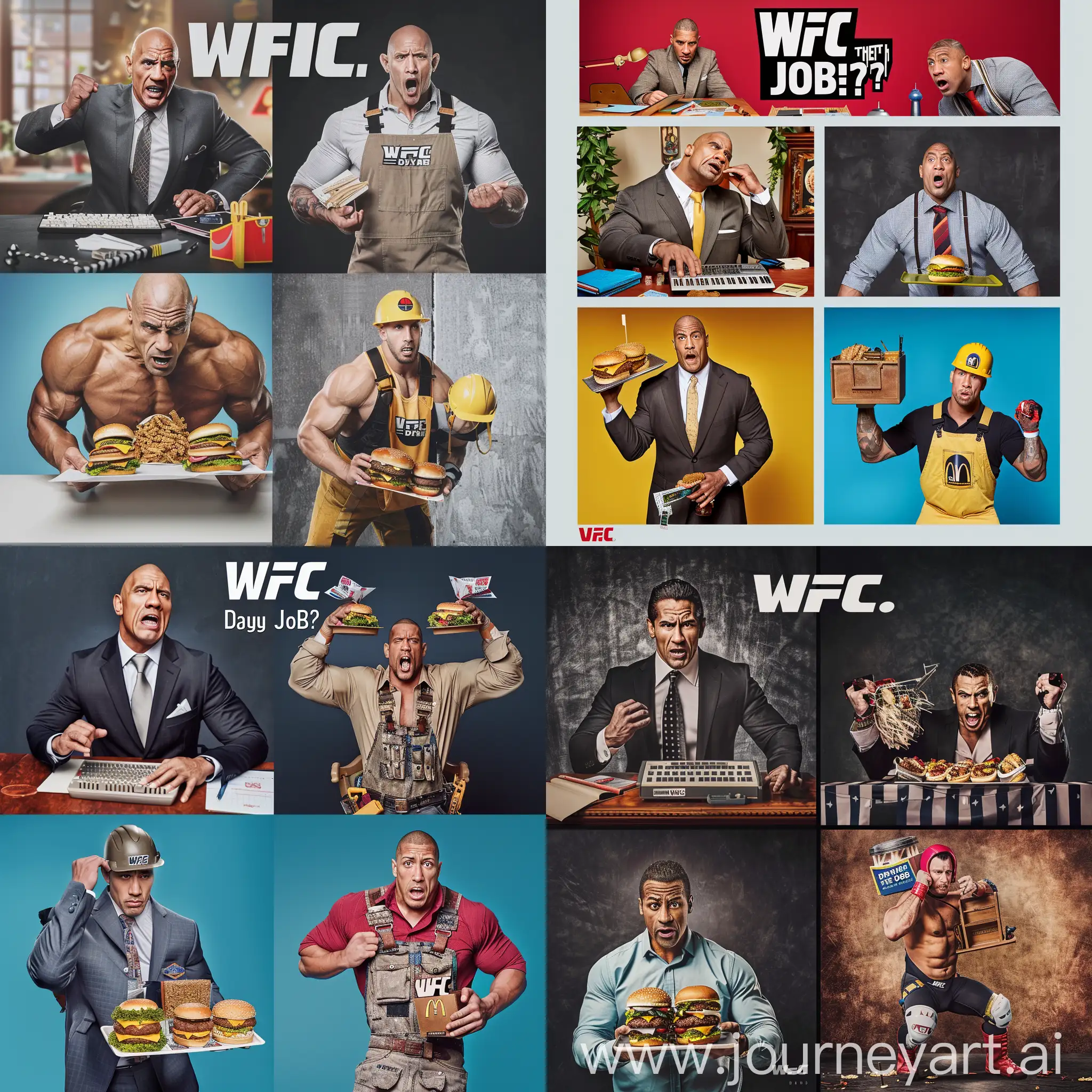 Top Left: A photo of a famous WWE superstar (e.g., The Rock) dressed in a business suit, struggling to type on a tiny keyboard at a cluttered office desk.
Top Right: A photo of another WWE superstar (e.g., John Cena) wearing a fast-food uniform and looking overwhelmed while holding a tray of overflowing burgers.Bottom Center: A photo of a third WWE superstar (e.g., Roman Reigns) dressed in construction gear, lifting a small toolbox with a confused expression.Text:

Bold and playful text above the collage: "WWE: Day Jobs?"
Optional Additions:

You can add the WWE logo in a corner of the image.