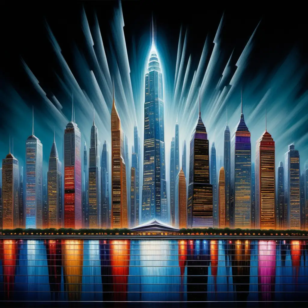 In a striking blend of futuristic elegance, an opulent and seductive augmented reality overlay weaves its way across an acrylic painting. The main subject of this visually captivating image is a luminescent cityscape, where sleek skyscrapers punctuate the horizon, their glass facades reflecting the vibrant lights that dance in the air. The depth and intricacy of this mesmerizing artwork are expertly captured within a high-resolution photograph, revealing every minute detail of the artist's skillful brushstrokes. This breathtaking creation immerses viewers in a world where technology and art coalesce, offering an enticing glimpse into the possibilities of a digitally-enhanced reality.