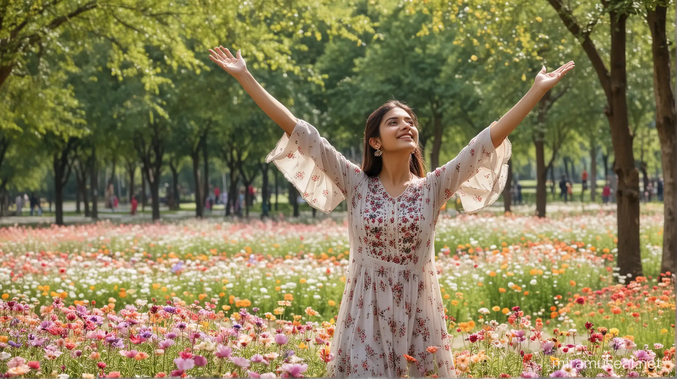 Pakistani Girl Admiring Flowers in Vibrant Park Setting