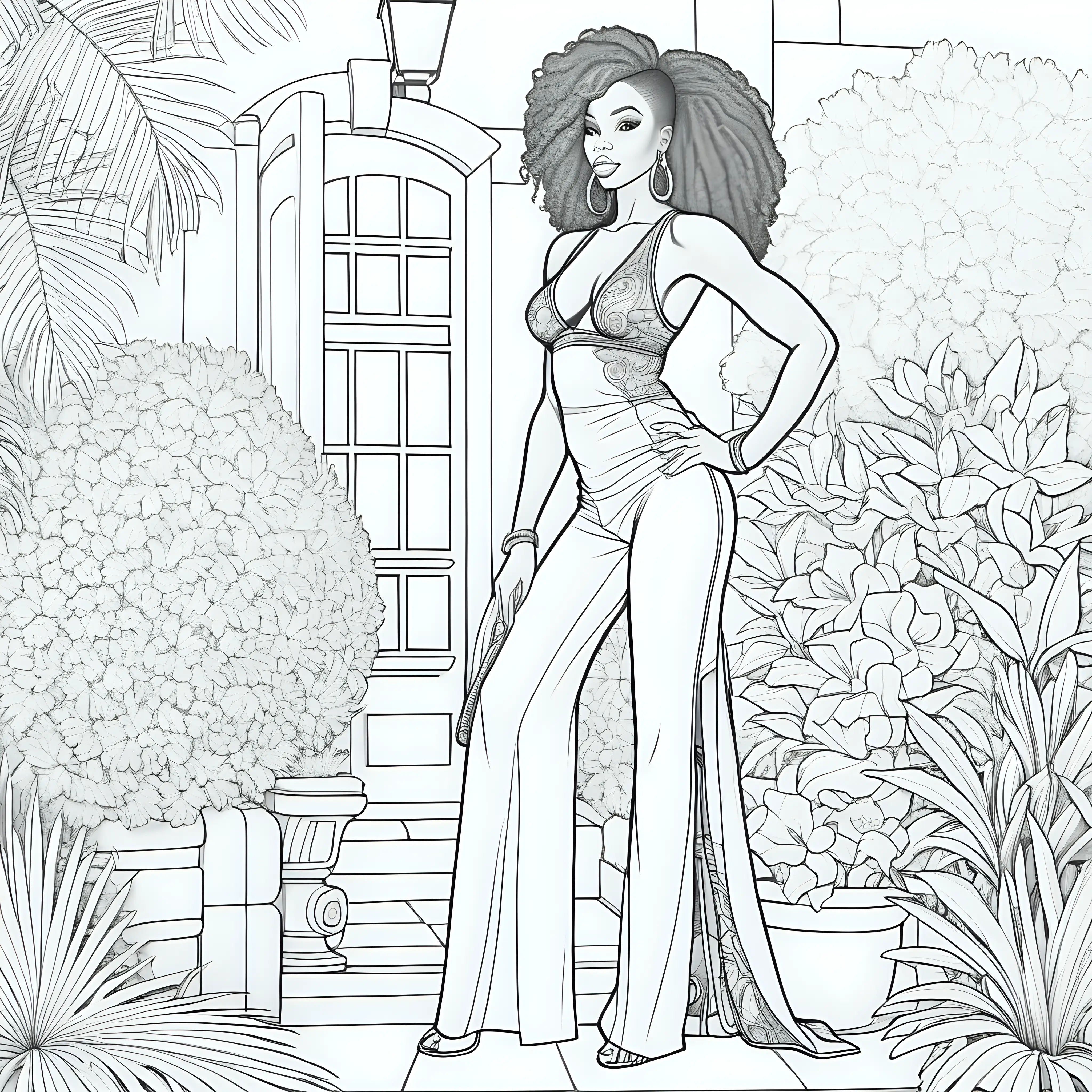 adult coloring book, outline image, no greyscale, no color, no shading,  outline hair only, coloring page style, african american woman, full body pose, sexy fully dressed, designer clothes, fun outside backgrounds, coloring book lines