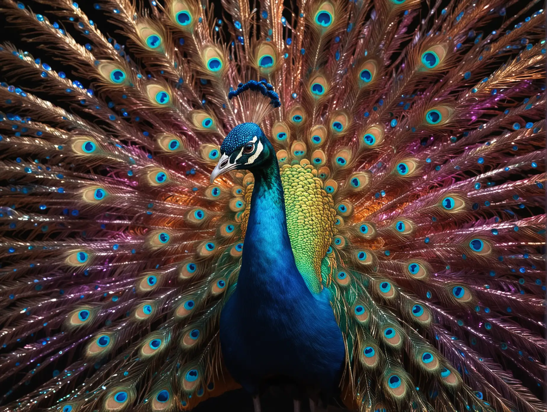 A striking 3D rendering of a vivid and vibrant peacock, showcasing its magnificent, iridescent plumage that seems to radiate energy. The conceptual art piece features the facing forward, looking directly at the viewer, with its tail spread out to display its brilliant colors and mesmerizing eye pattern. 
