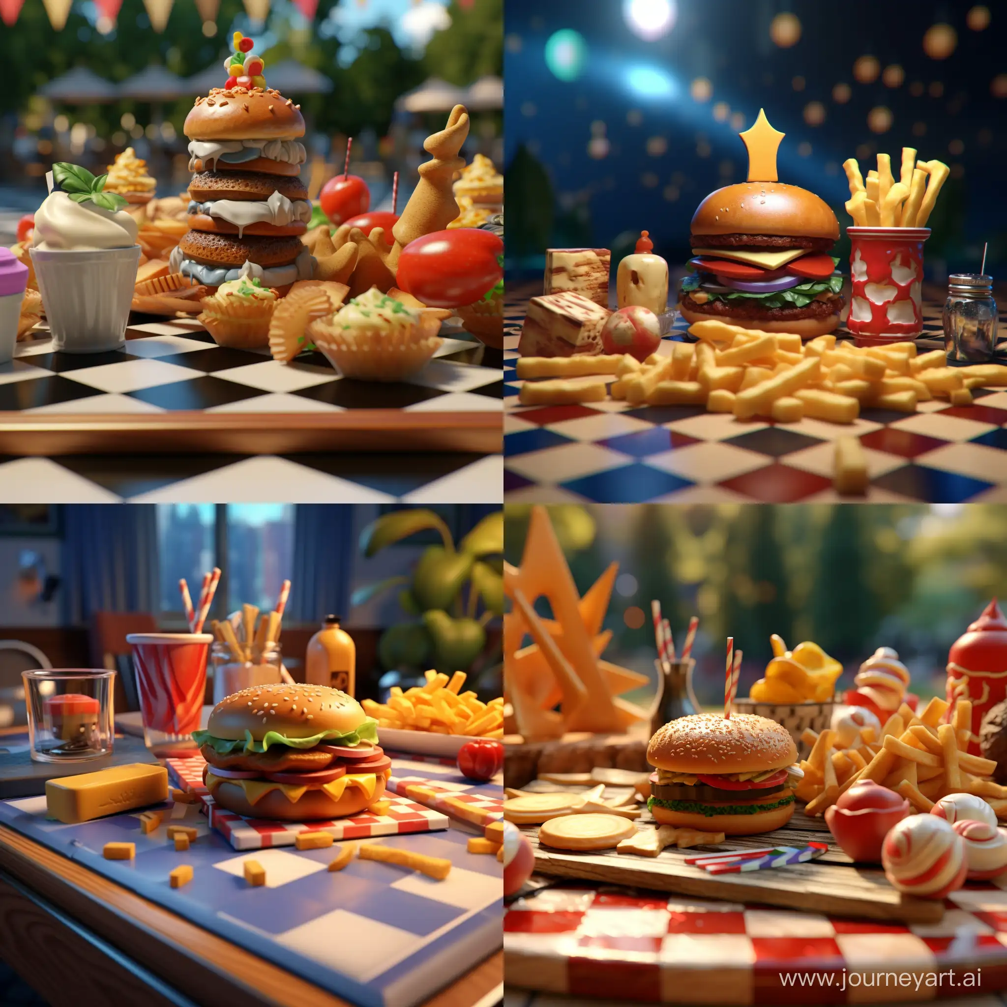 Fast food on the chessboard. 3D animation 